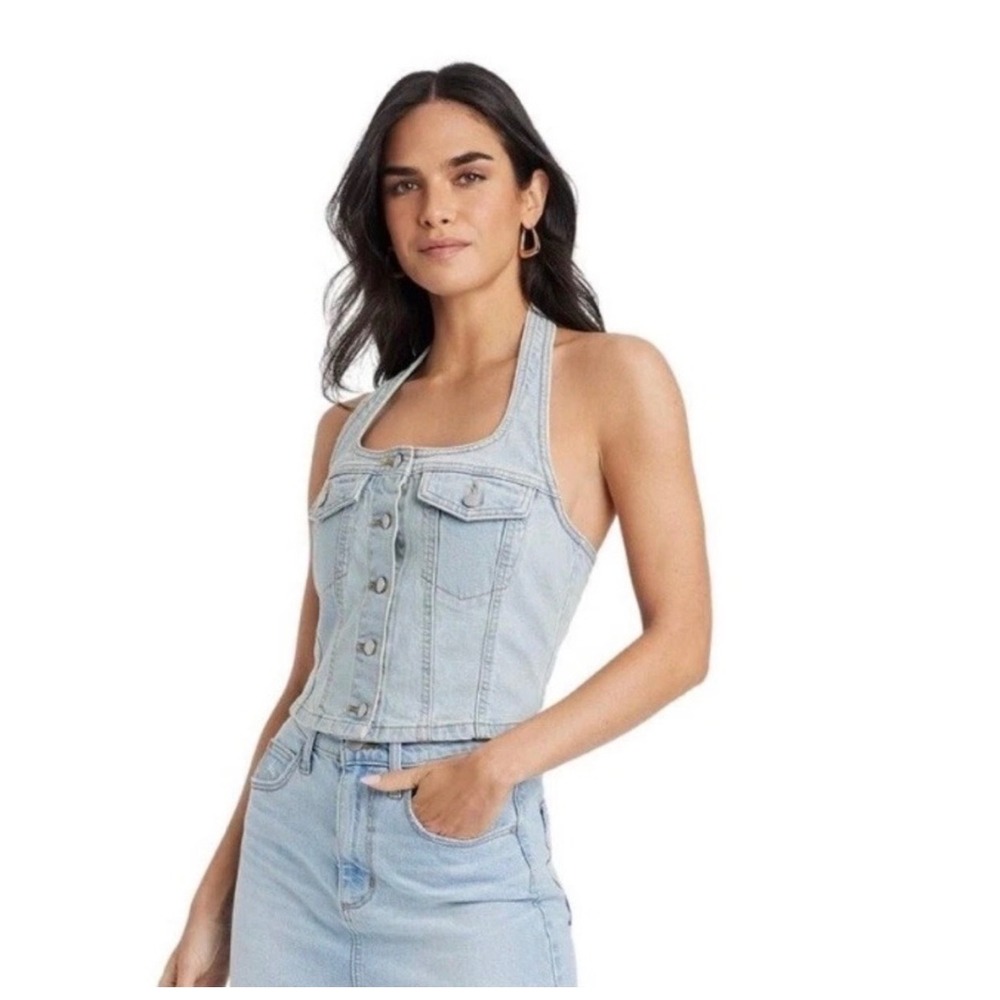 Universal Thread Denim Halter Top Womens L Light Blue Button Front Y2K Vest